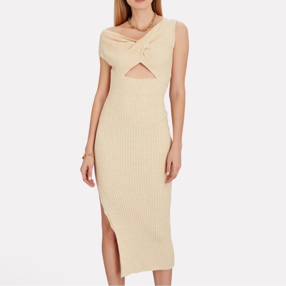 Anna Quan Zanita Wheat Ribbed Knit Twist Cut-Out Midi Dress